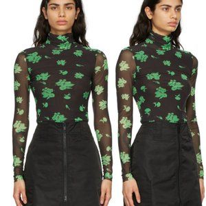 Ganni green & brown printed sheer mesh turtleneck